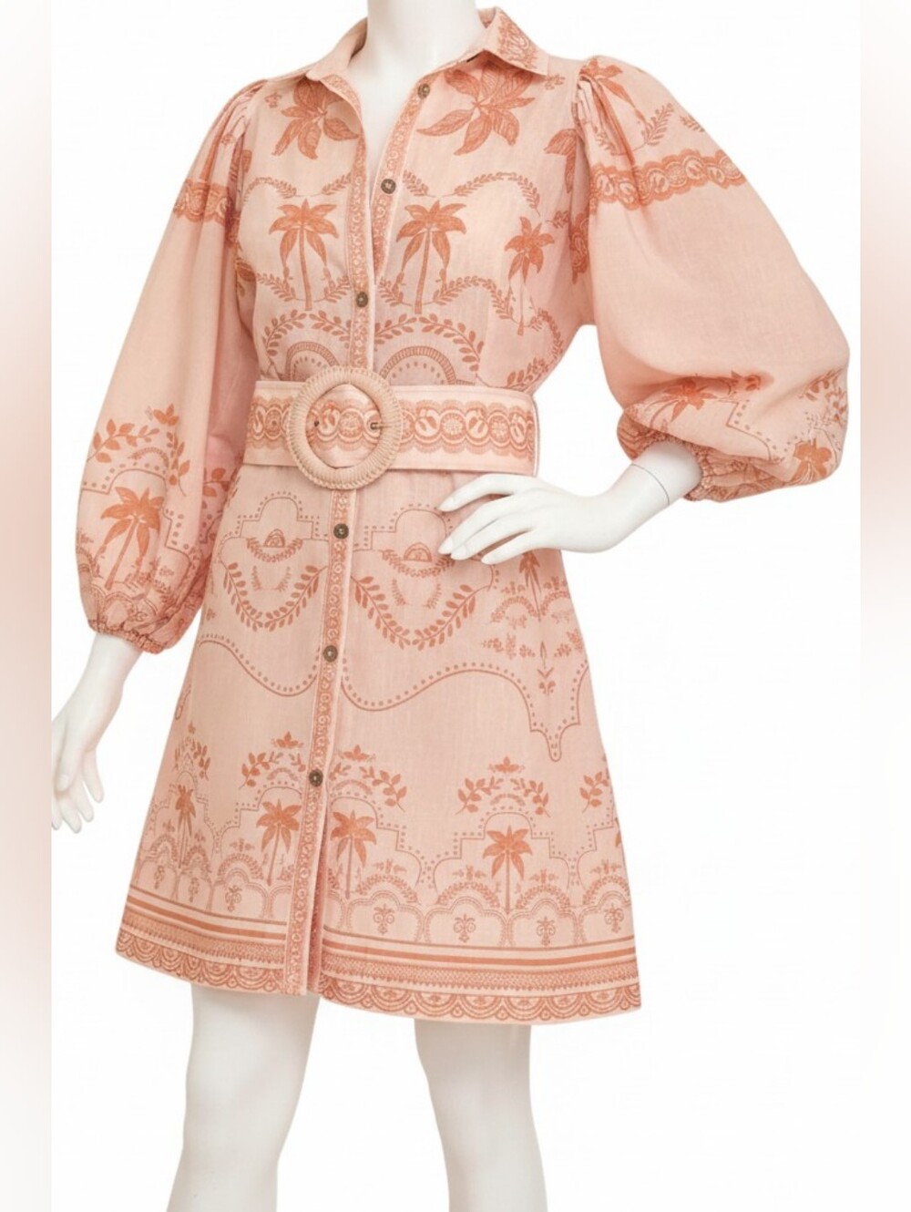 Palm Beach Belted Waist Button Down Baloon Long Sleeve Boho Mini Shirt Dress - Picture 5 of 10